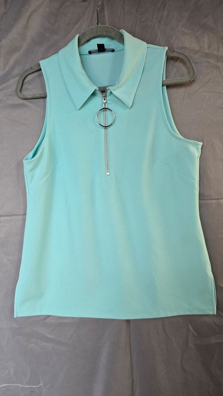 Boston Proper Polo Shirt Womens Medium Blue Sleeveless Ring Zip Stretch Top